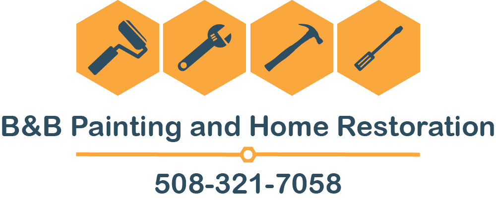 This is an image from B&B Painting and Home Restoration, located in Massachusetts. The logo for B&B Painting and Home Restoration features four hexagon icons with painting and renovation tools above bold lettering and a phone number displayed below.
