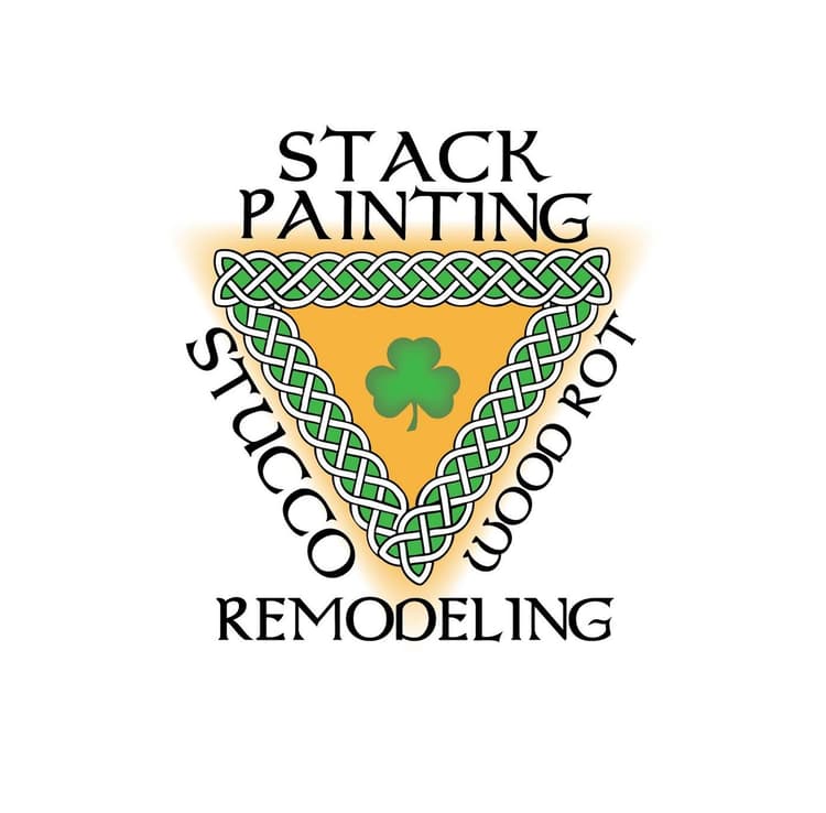 This is an image from Stack Painting. The image is the Stack Painting logo showing a Celtic-style triangular knot border with a green shamrock in the center and the words “Stack Painting,” “Stucco,” “Wood Rot,” and “Remodeling” surrounding the design.