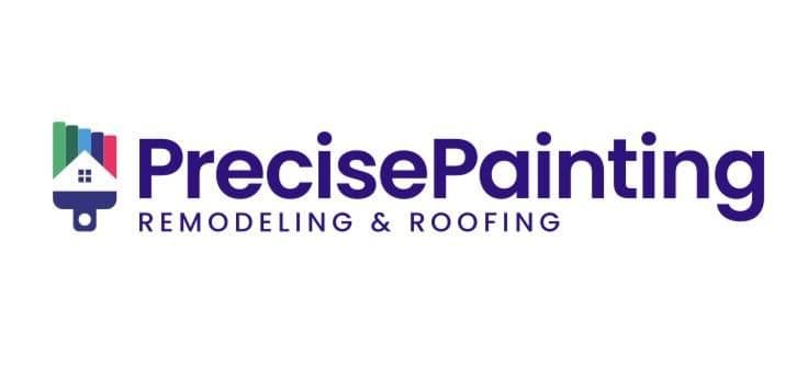 This is an image from Precise Painting, located in Texas. The logo for Precise Painting features a paintbrush forming a house icon with multicolored vertical paint strokes and bold purple text.