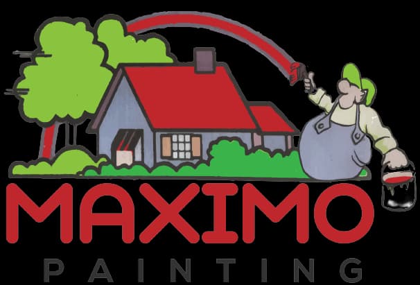This is an image from Maximo Painting, located in Maryland . The logo for Maximo Painting features a red-roofed house illustration with a painter graphic and bold red lettering.