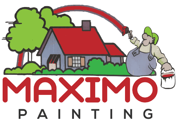 This is an image from Maximo Painting, located in Maryland . The logo for Maximo Painting features a red-roofed house illustration with a painter graphic and bold red lettering.