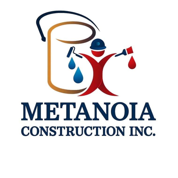 This is an image from Metanoia Construction Inc., located in Illinois. The logo for Metanoia Construction Inc. features a stylized paint can, painter figure, brush, roller, and paint drops in blue, red, gold, and brown.