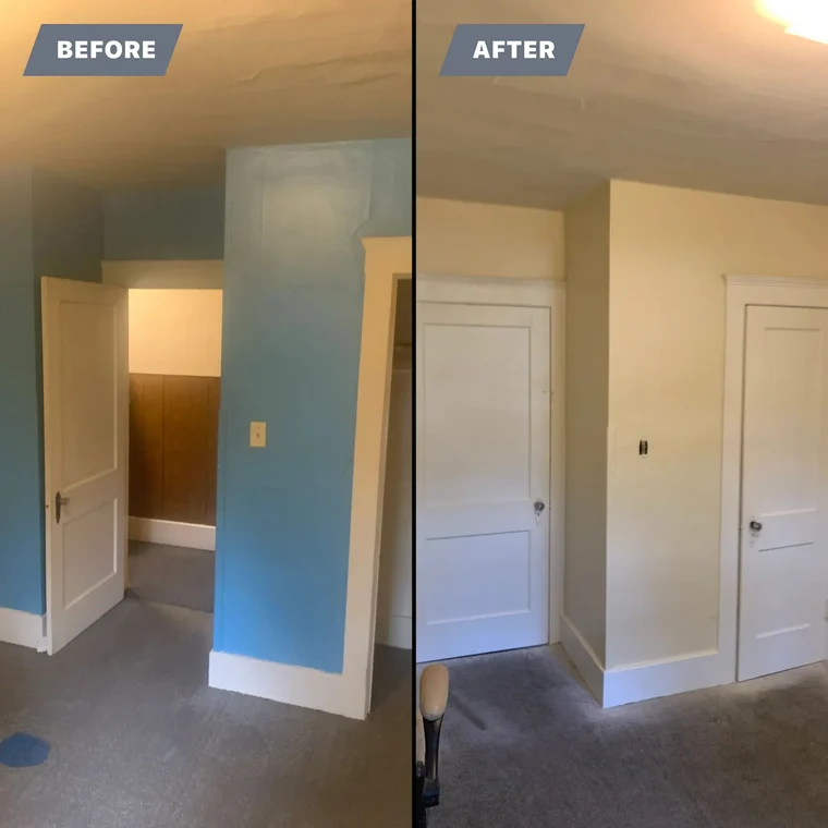 This is an image from Staib & Son Painting & Decorating LLC company, located in Jackson, MI The image is abBefore and after interior painting comparison showing a room transformed from bright blue walls to soft neutral beige walls with white trim and doors.