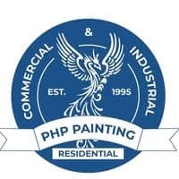 This is an image from PHP Commercial Painting company, located in Phoenix, AZ The image is a PHP Painting logo featuring a blue circular badge with a phoenix design, highlighting commercial, industrial, and residential painting services established in 1995