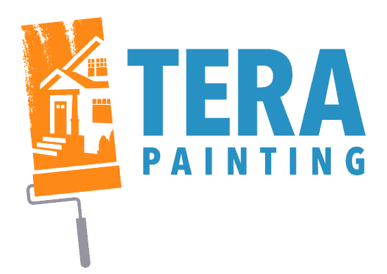 This is an image from Tera Painting, located in Washington. The logo for Tera Painting features a blue wordmark with an orange paint roller graphic showing the outline of a house.