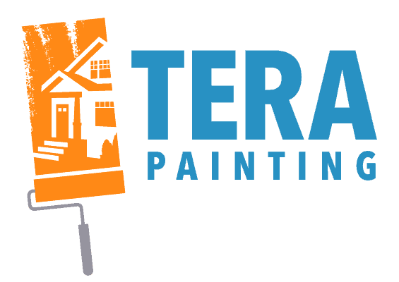 This is an image from Tera Painting, located in Washington. The logo for Tera Painting features a blue wordmark with an orange paint roller graphic showing the outline of a house.