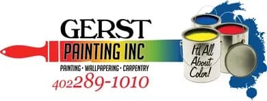 This is an image from Gerst Painting Inc, located in Nebraska. The logo for Gerst Painting Inc features black and red text with a red paintbrush, paint cans, and a colorful paint stripe graphic.