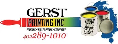 This is an image from Gerst Painting Inc, located in Nebraska. The logo for Gerst Painting Inc features black and red text with a red paintbrush, paint cans, and a colorful paint stripe graphic.