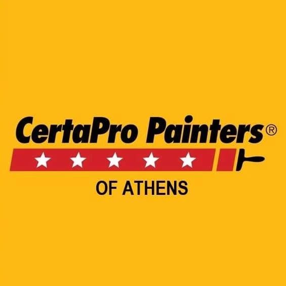 This is an image from CertaPro Painters, located in Georgia. The logo for CertaPro Painters features bold black text on a yellow background with a red banner of white stars and a paintbrush graphic, along with the location tag 'Of Athens.'