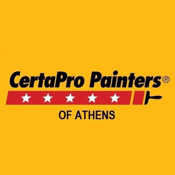 This is an image from CertaPro Painters, located in Georgia. The logo for CertaPro Painters features bold black text on a yellow background with a red banner of white stars and a paintbrush graphic, along with the location tag 'Of Athens.'