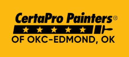 This is the logo of CertaPro Painters of OKC-Edmond, Oklahoma. The design features the company name in bold black text over a gold background, with a red bar containing five white stars and a paintbrush icon.