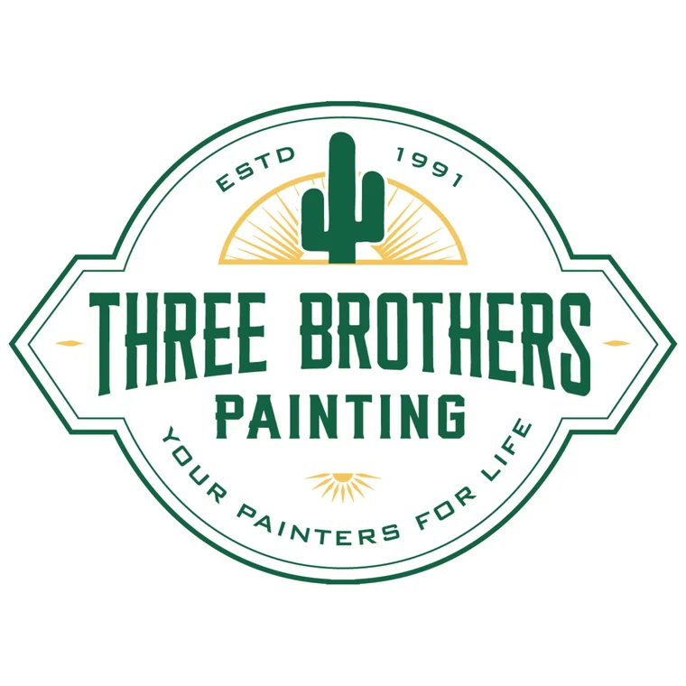 This is an image from Three Brothers Painting, located in Georgia. The logo for Three Brothers Painting features a vintage-style green badge with a cactus and sunrise emblem, 'ESTD 1991,' and the tagline 'Your Painters For Life.