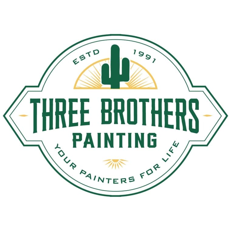 This is an image from Three Brothers Painting, located in Georgia. The logo for Three Brothers Painting features a vintage-style green badge with a cactus and sunrise emblem, 'ESTD 1991,' and the tagline 'Your Painters For Life.