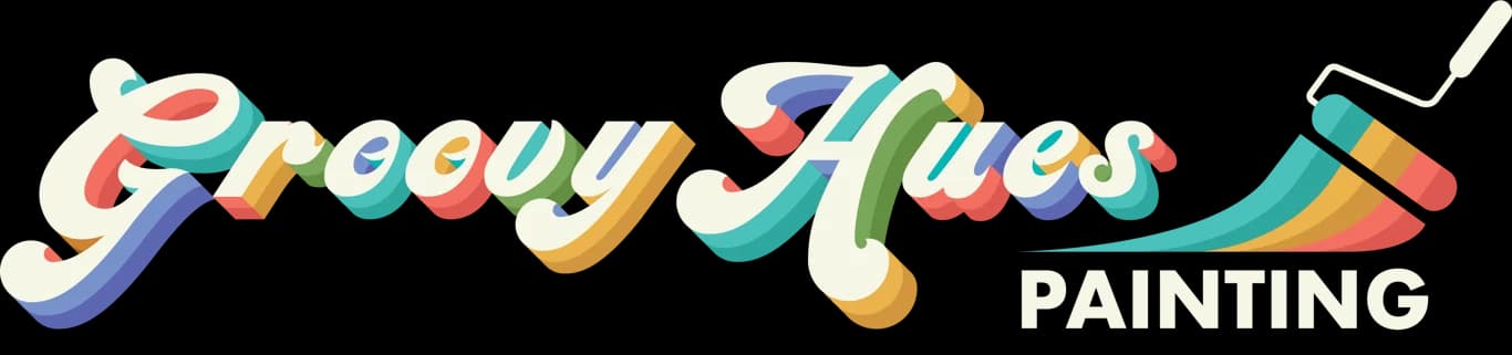 Logo for Groovy Hues Painting of Knoxville, a painting company in Knoxville, Tennessee. The image shows the colorful Groovy Hues Painting wordmark with a paint roller.