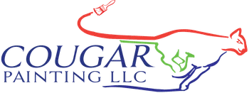 This is an image from Cougar Painting LLC. The image is a company logo showing the words “COUGAR PAINTING LLC” with a stylized red cougar figure arched above the text.