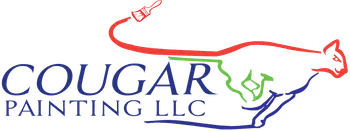This is an image from Cougar Painting LLC. The image is a company logo showing the words “COUGAR PAINTING LLC” with a stylized red cougar figure arched above the text.