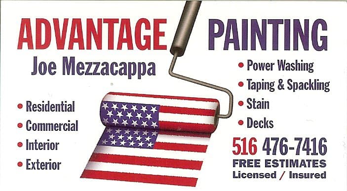 This is an image from Advantage Painting, located in New York. The logo for Advantage Painting features bold red and blue lettering with a paint roller graphic styled as an American flag, along with a list of residential and commercial painting services.