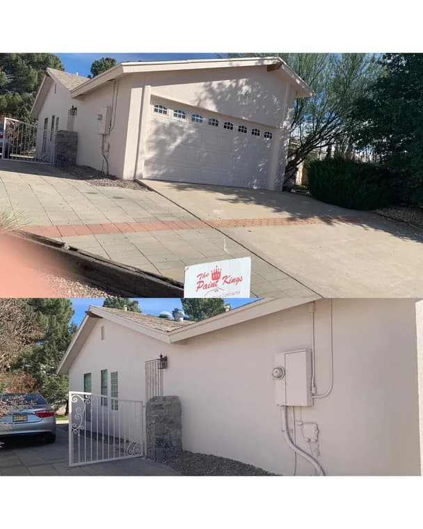 "This is an image from El Paso Paint Kings, located in Texas. The exterior of a light-colored single-story home is shown after repainting, highlighting clean walls, a refreshed garage door, and a neatly maintained driveway."