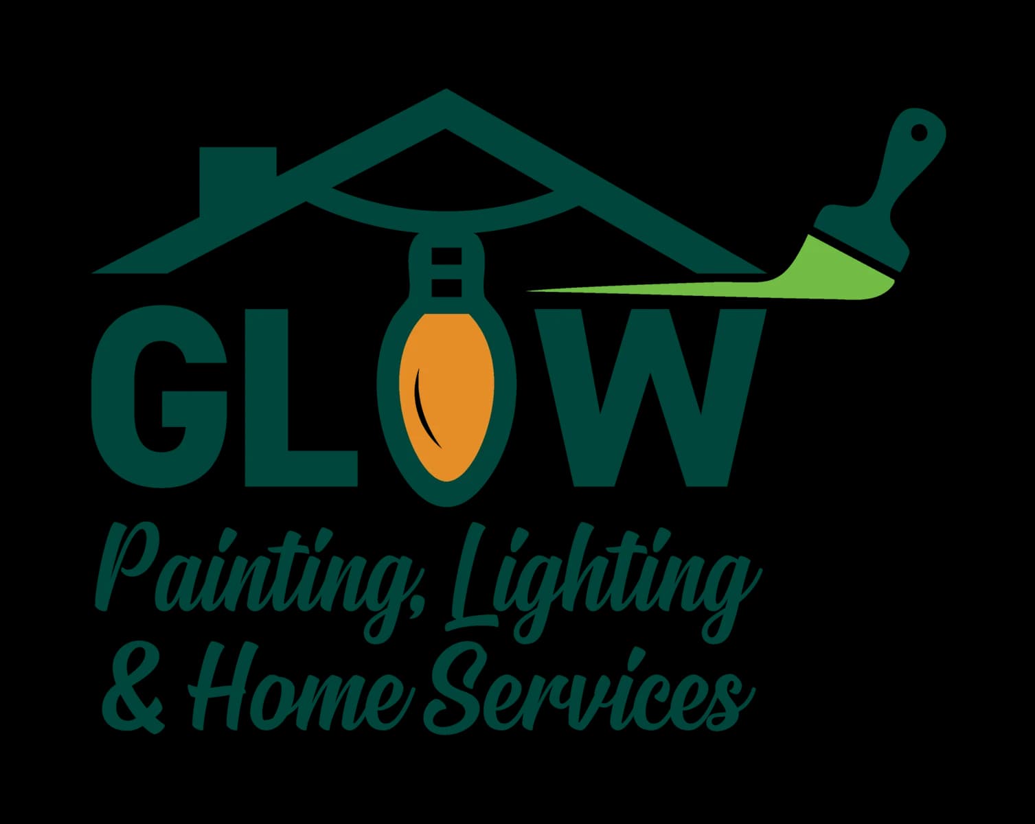 This is an image from Glow Painting, Lighting & Home Services, located in Indiana. The logo features a stylized house outline, paintbrush graphic, and decorative lighting element, representing professional painting, lighting, and home improvement services.