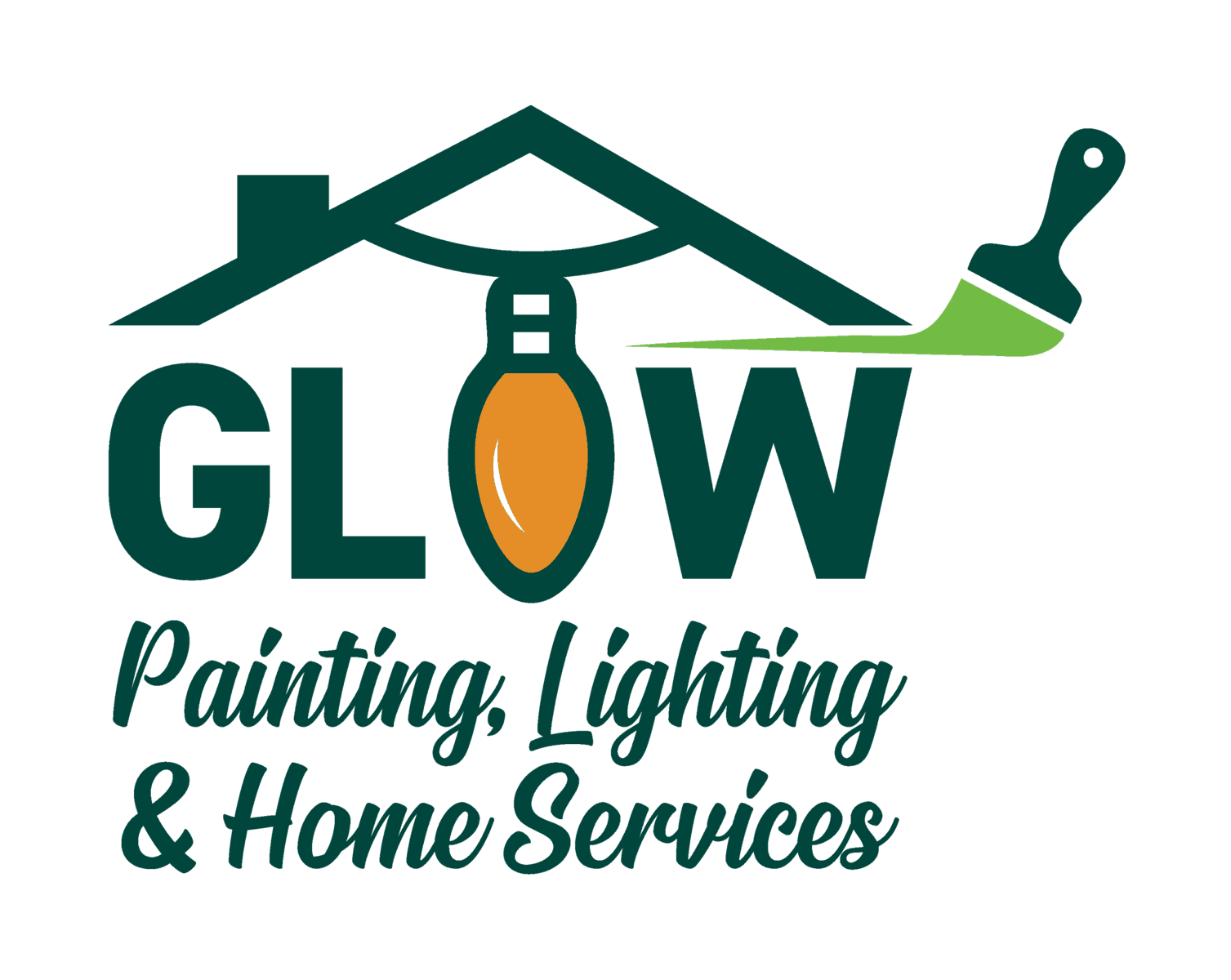 This is an image from Glow Painting, Lighting & Home Services, located in Indiana. The logo features a stylized house outline, paintbrush graphic, and decorative lighting element, representing professional painting, lighting, and home improvement services.