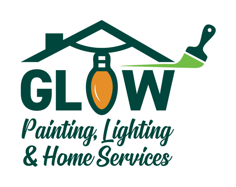 This is an image from Glow Painting, Lighting & Home Services, located in Indiana. The logo features a stylized house outline, paintbrush graphic, and decorative lighting element, representing professional painting, lighting, and home improvement services.
