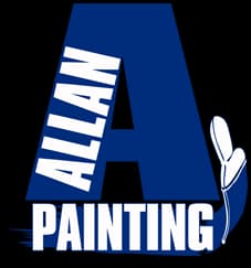 This is an image from Allan Painting, located in Massachusetts. The logo for Allan Painting features a large blue letter 'A' with the word 'Allan' in white text running vertically and a white paintbrush graphic accenting the design.