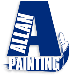 This is an image from Allan Painting, located in Massachusetts. The logo for Allan Painting features a large blue letter 'A' with the word 'Allan' in white text running vertically and a white paintbrush graphic accenting the design.