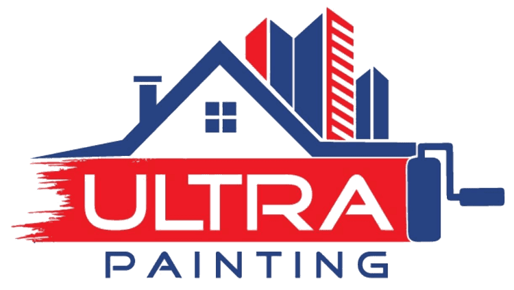 This is an image from Ultra Painting, located in Wisconsin. The logo for Ultra Painting features a stylized house and city skyline graphic in red and blue with a paint roller icon and bold lettering, representing professional residential and commercial painting services.