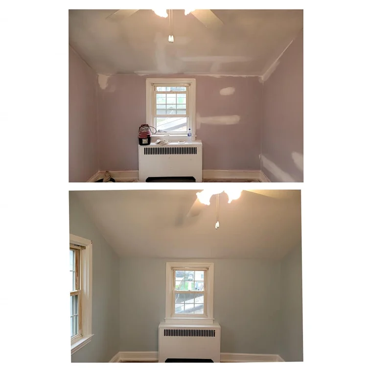 This is an image from All in the Family Painting company, located in Brookhaven, PA. The image is a before and after photo of a small interior room repainting project by All in the Family Painting, showing patched lavender walls transformed into a clean, soft gray finish with white trim.