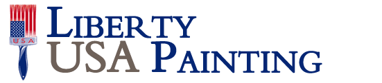 This is an image from Liberty USA Painting, located in Texas. The logo for Liberty USA Painting features a stylized American flag motif with bold blue and red elements next to the company name in strong serif lettering.