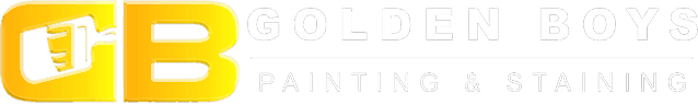 This is an image from Golden Boys Painting & Staining, located in New York. The logo for Golden Boys Painting & Staining features bold yellow initials 'GB' with a paint roller icon and clean white text on a transparent background.