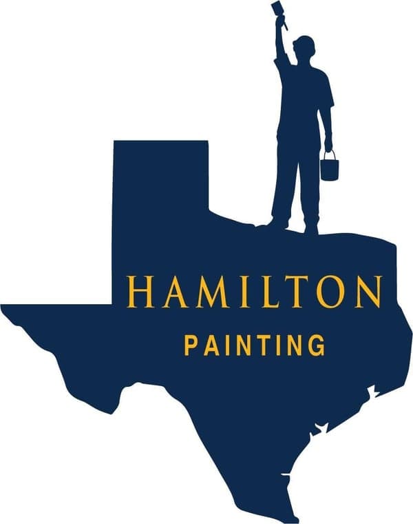 "This is an image from Hamilton Painting, located in Texas. The logo for Hamilton Painting features a painter silhouette standing on the shape of Texas, with navy and gold colors."