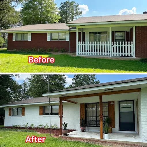 This is an image from Reed’s Home Improvement, located in Louisiana. The before-and-after exterior photo shows a brick house transformed with a fresh white paint finish, wood accent columns, and new landscaping for a modern updated look.