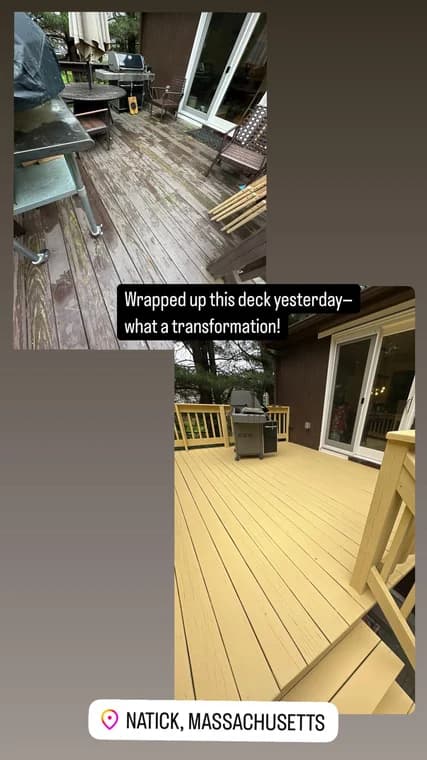 A before-and-after transformation of a backyard deck, showing worn wood replaced with a bright yellow freshly painted surface by Titanium Painting & Renovations. The completed deck looks refreshed and inviting.