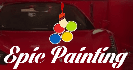 This is an image from Epic Painting, LLC company, located in Bull Valley, IL The image is a Epic Painting logo with colorful paintbrush icon over red sports car background