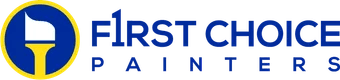 This is an image from First Choice Painters, located in North Carolina. The logo for First Choice Painters features a white paintbrush icon within a blue circle bordered by yellow, accompanied by bold blue text spelling out the company name.