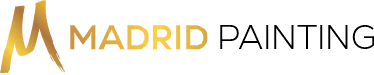 This is an image from Madrid Painting. The image is Madrid Painting logo with a gold gradient “M” shaped like a brushstroke next to black uppercase text reading “MADRID PAINTING.