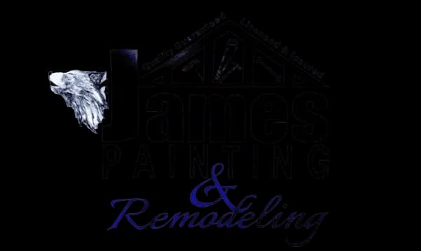 "This is an image from James Painting & Remodeling, located in Texas. The logo for James Painting & Remodeling features a stylized house roofline with bold black lettering and a wolf graphic on the left side."
