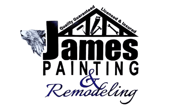 "This is an image from James Painting & Remodeling, located in Texas. The logo for James Painting & Remodeling features a stylized house roofline with bold black lettering and a wolf graphic on the left side."