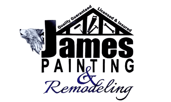 "This is an image from James Painting & Remodeling, located in Texas. The logo for James Painting & Remodeling features a stylized house roofline with bold black lettering and a wolf graphic on the left side."