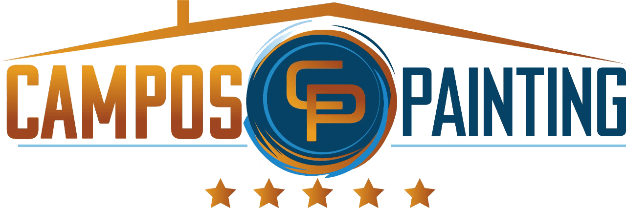 This is an image from Campos Painting, located in Illinois. The logo for Campos Painting features bold orange and blue lettering with a circular CP emblem, a roofline graphic, and five gold stars.