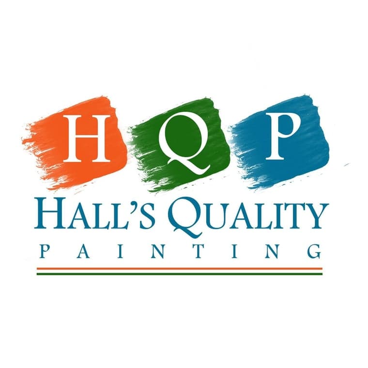 This is an image from Halls Quality Painting company, located in Fernandina Beach, FL. The image is a Hall's Quality Painting logo with bold H, Q, and P initials in orange, green, and blue paint strokes, featuring the full company name in blue text with an underline accent