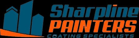This is the logo of Sharpline Painters. It features a stylized building graphic in blue alongside the company name in bold orange and blue text, with the tagline "Coating Specialists."