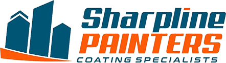 This is the logo of Sharpline Painters. It features a stylized building graphic in blue alongside the company name in bold orange and blue text, with the tagline "Coating Specialists."