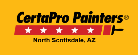This is an image from CertaPro Painters of North Scottsdale, located in Arizona. The logo for CertaPro Painters of North Scottsdale features bold black text on a yellow background with a red paintbrush graphic, white stars, and North Scottsdale, AZ text below.