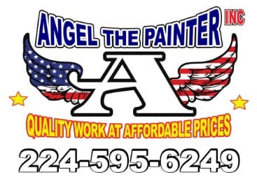 This is an image from Angel the Painter Inc., located in Illinois. The logo for Angel the Painter Inc. features bold blue and red lettering with patriotic wing graphics, a large stylized letter A, and the slogan 'Quality Work at Affordable Prices.