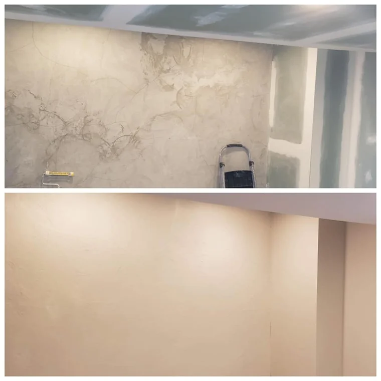 This is an image from All in the Family Painting company, located in Brookhaven, PA. The image is a before and after drywall repair and interior wall painting by All in the Family Painting, showing cracked and patched drywall transformed into a smooth, clean beige finish.