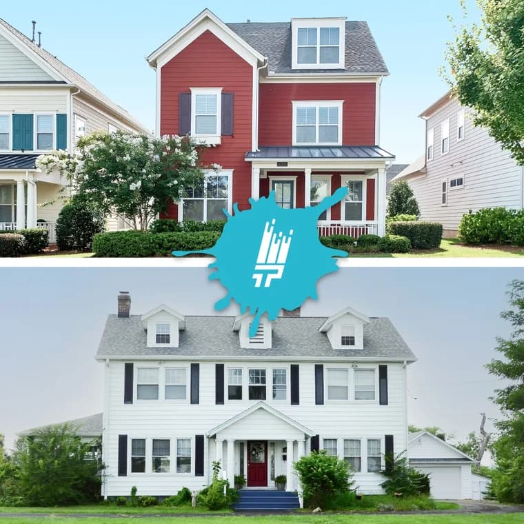 This is an image from That 1 Painter Greater Boston, located in Massachusetts. The photo is a before-and-after comparison showing a red-painted home and a white-painted home, highlighting the company’s residential painting results.