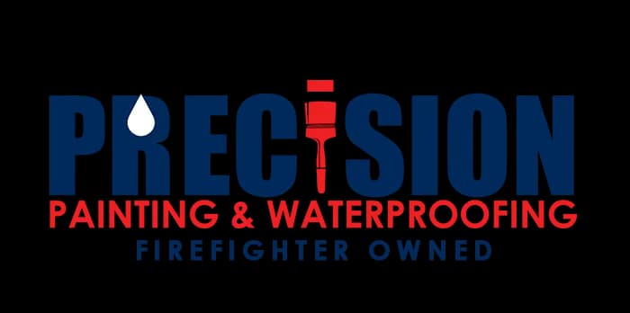 This is an image from Precision Painting & Waterproofing, located in Florida. The logo for Precision Painting & Waterproofing features bold navy blue and red text with a paintbrush replacing the letter I and a paint droplet accent, along with the tagline Firefighter Owned.