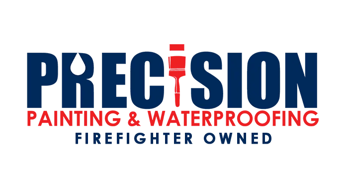 This is an image from Precision Painting & Waterproofing, located in Florida. The logo for Precision Painting & Waterproofing features bold navy blue and red text with a paintbrush replacing the letter I and a paint droplet accent, along with the tagline Firefighter Owned.